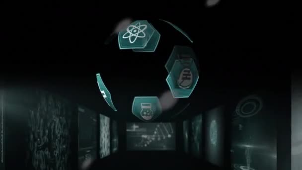 Animation Scientific Icons Hexagons Black Digital Space Science Global Network — Vídeos de Stock