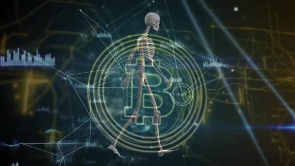 Animation Skeleton Bitcoin Data Processing Black Background Global Business Digital — Vídeos de Stock
