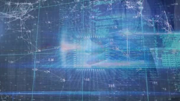 Animation of network of connections with icons over doctor with stethoscope. Global medicine and digital interface concept digitally generated video.