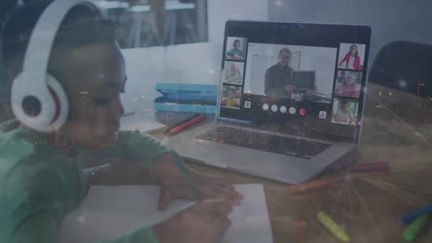 Animation Network Connections African American Boy Using Laptop Online School — Stock videók