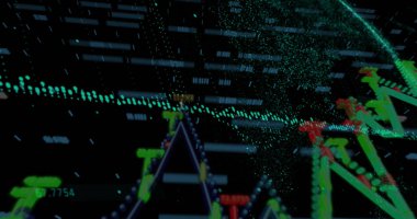 Veri işleme görüntüsü ve karanlık arkaplan istatistikleri. Küresel teknoloji hesaplama ve dijital arayüz konsepti dijital olarak oluşturuldu.