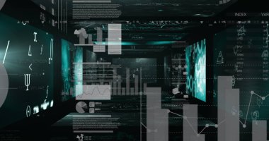 Ekranlardaki istatistik ve veri işleme resimleri. küresel veri işleme ve dijital arayüz konsepti dijital olarak oluşturulmuş resim.