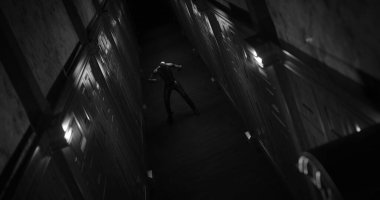 Karanlık tüneldeki canavar gibi sersemlemiş bir insan görüntüsü. Korku, korku, resim oyunları ve dijital olarak üretilen bilim kurgu konsepti.