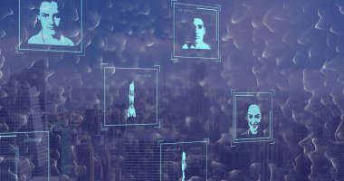 Veri işleme görüntüsü ve şehir manzarası üzerinde insanlar simgeleri. Küresel iş ve dijital arayüz kavramı dijital olarak oluşturulmuş görüntü.