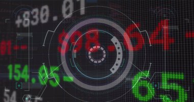 Siyah arkaplandaki tarayıcıdan finansal veri işleme resmi. Finans, küresel iletişim ve dijital arayüz konsepti dijital olarak oluşturulmuş görüntü.