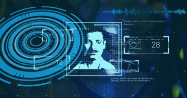 Karanlık arkaplanı tarayan dijital arayüzün görüntüsü. Küresel bilim, bağlantılar, veri işleme ve dijital arayüz kavramı dijital olarak oluşturuldu.