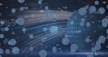 Dünya üzerindeki simgelerle bağlantı ağının resmi. Küresel bağlantılar, veri işleme ve dijital arayüz konsepti dijital olarak oluşturulmuş resim.