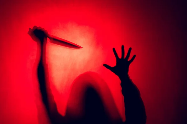 Composition Silhouette Woman Holding Knife Red Background Halloween Tradition Celebration — Stock Photo, Image