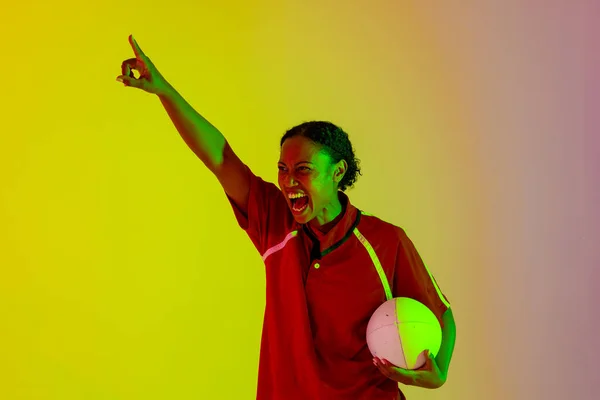 African American Female Rugby Player Raising Hand Rugby Ball Neon — Stok Foto
