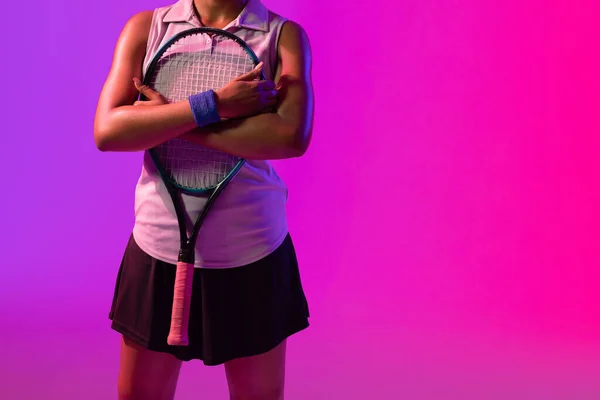 Image Midsection African American Female Tennis Player Violet Pink Neon — Stockfoto