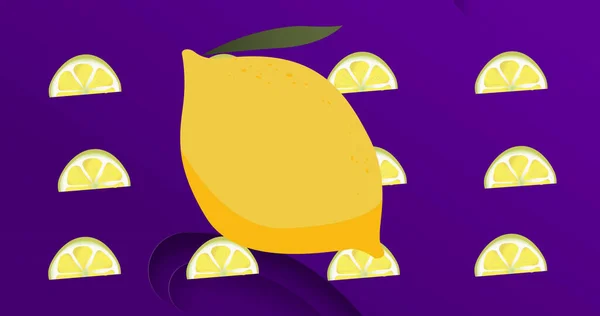 Зображення Лимона Повторюється Фіолетовому Фоні Природа Візерунок Колір Концепція Руху — стокове фото