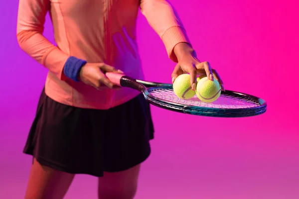 Image Midsection African American Female Tennis Player Racket Neon Pink — Stockfoto