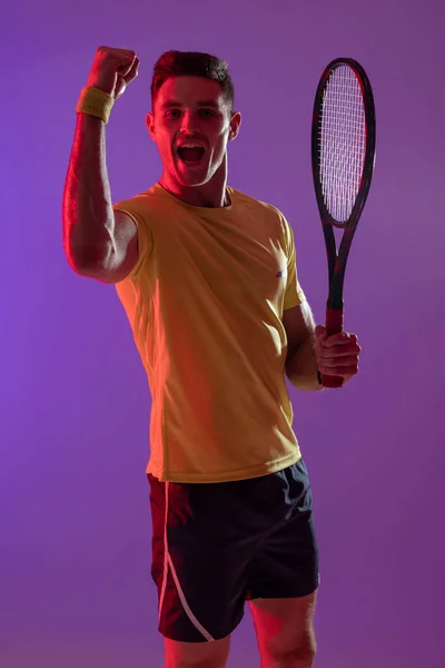 Portrait Happy Caucasian Male Tennis Player Tennis Racket Neon Pink — Stok fotoğraf
