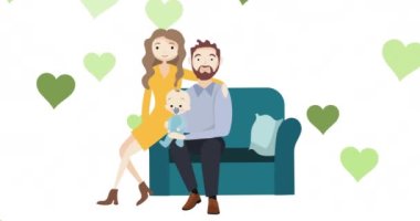 Animation of parents with baby on sofa over white background with hearts. Family and adoption concept digitally generated video.