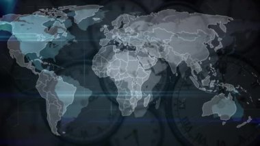 Veri işlemenin animasyonu ve saatlerin üzerindeki dünya haritası. Küresel teknoloji ve dijital arayüz konsepti dijital olarak oluşturulmuş video.