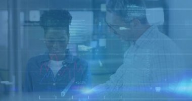 Animation of financial data processing over diverse business people in office. Global business and digital interface concept digitally generated video.