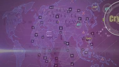 Döviz simgeleriyle tarama kapsamındaki bağlantı küresiyle veri işleme animasyonu. Küresel iş, bilgisayar ve dijital arayüz kavramı dijital olarak oluşturulmuş video.