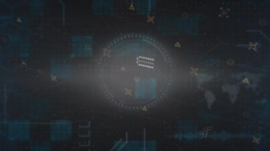 Siyah arkaplanda veri işleme üzerinde tarama kapsamı animasyonu. Küresel teknoloji, bilgisayar ve dijital arayüz kavramı dijital olarak oluşturulmuş video.