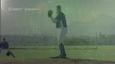 Animation of data processing over diverse female baseball players. Global sport and digital interface concept digitally generated video.