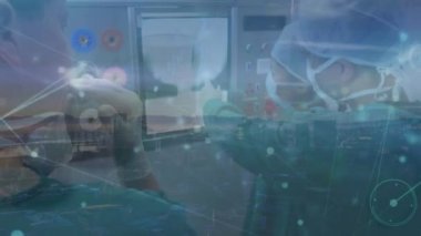 Operasyon sırasında çeşitli cerrahlar üzerindeki bağlantı ağının animasyonu. Dijital olarak üretilen sağlık, tıp, bağlantılar ve teknoloji konsepti.