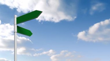 Animation of road sign and clouds on blue background. Travel, transport and digital interface concept digitally generated video.