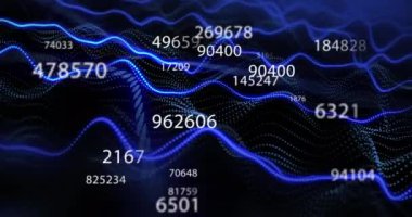 Veri işleme animasyonu ve siyah arkaplandaki lekeler. küresel iş ve dijital arayüz kavramı dijital olarak oluşturulmuş video.