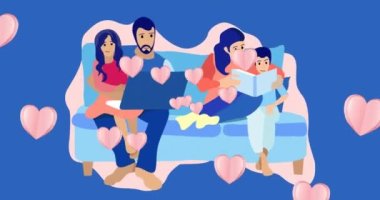 Aile animasyonunda dizüstü bilgisayar kullanılıyor ve mavi arkaplanda simgeler ve kalpler okunuyor. Ulusal evlat edinme günü ve dijital olarak üretilen video konsepti.