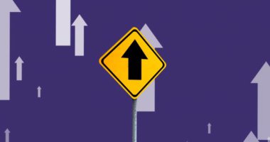 Mavi arka planda yol işareti ve okların animasyonu. Seyahat, ulaşım ve dijital arayüz kavramı dijital olarak oluşturuldu.