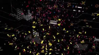 Veri işleme ve siyah arkaplanda konfeti animasyonu. Sosyal medya ve dijital arayüz konsepti dijital olarak oluşturulmuş video.