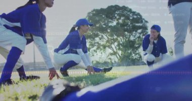 Çeşitli bayan beyzbol oyuncuları üzerinde veri işleme animasyonu. Küresel spor ve dijital arayüz kavramı dijital olarak oluşturulmuş video.