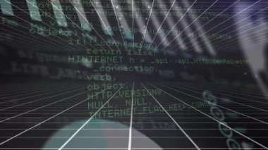 Siyah arkaplanda veri işleme animasyonu. Küresel teknoloji, bilgisayar ve dijital arayüz kavramı dijital olarak oluşturulmuş video.