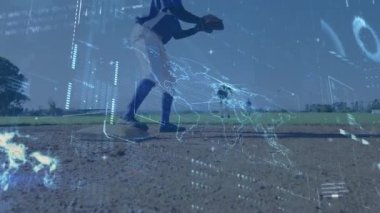 Animation of data processing over diverse female baseball players. Global sport and digital interface concept digitally generated video.