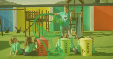Animation of lightbulb icon over caucasian female woman with diverse children segregating waste. Recycle week, ecology and celebration concept digitally generated video.