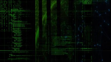 Siyah arka planda hareket eden şekillerin ve veri işlemenin animasyonu. Küresel iş ve dijital arayüz kavramı dijital olarak oluşturulmuş video.