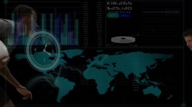 Animation of data processing and world map over diverse rugby players. Global sports, competition and data processing concept digitally generated video.