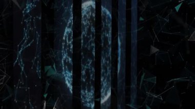 Siyah arkaplanda hareket eden şekillerin ve kürenin animasyonu. Küresel iş ve dijital arayüz kavramı dijital olarak oluşturulmuş video.