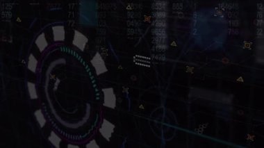 Animation of scope scanning over data processing. Global business, computing and digital interface concept digitally generated video.