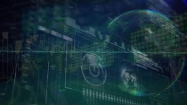 Siyah arkaplanda veri işleme ve küre animasyonu. Küresel iş, bilgisayar ve dijital arayüz kavramı dijital olarak oluşturulmuş video.