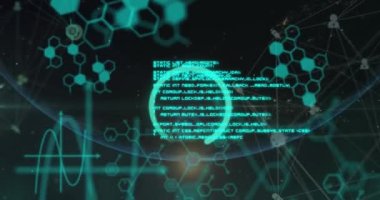 Karanlık arka planda bilimsel veri işleme animasyonu. Bilim haftası, veri işleme konsepti dijital olarak oluşturulmuş video.