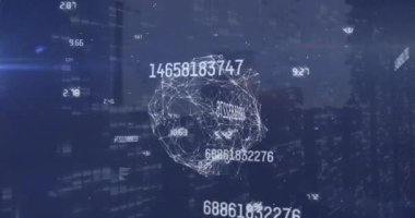 Sayıların animasyonu, dünya ve şehir manzarası üzerindeki bağlantılar. Küresel ağ, veri işleme ve teknoloji konsepti dijital olarak oluşturulmuş video.