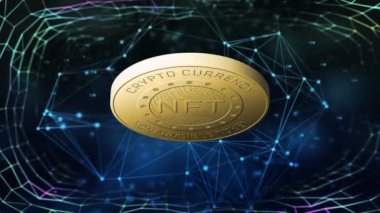 Animation of nft text on golden coin and network of connections over dark background. Global business, finances, data processing and digital interface concept digitally generated video.
