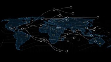 Kara arkaplanda dünya haritasıyla veri işleme üzerinden bağlantı ağının animasyonu. Küresel teknoloji ve dijital arayüz konsepti dijital olarak oluşturulmuş video.
