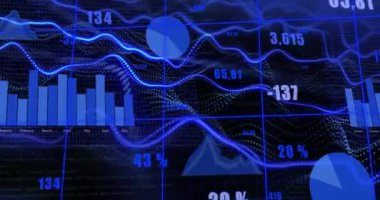 Veri işleme animasyonu ve siyah arkaplandaki lekeler. küresel iş ve dijital arayüz kavramı dijital olarak oluşturulmuş video.