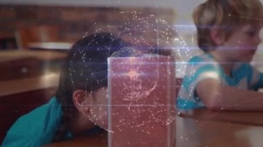 Animation of network of connections over reading caucasian boy. Learning and education concept digitally generated video.