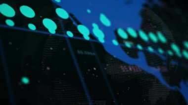 Animation of data processing over globe on black background. Global technology and digital interface concept digitally generated video.