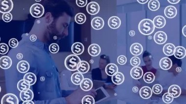 Animation of dollar sings over diverse group of business people. Global business, finances, data processing and digital interface concept digitally generated video.