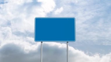 Yol işaretinin canlandırılması ve mavi arkaplanda bulutlar. Seyahat, ulaşım ve dijital arayüz kavramı dijital olarak oluşturuldu.