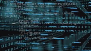 Siyah arkaplanda veri işleme üzerine grafik animasyonu. Küresel teknoloji, bilgisayar ve dijital arayüz kavramı dijital olarak oluşturulmuş video.