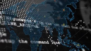 Animation of data processing with world map on black background. Global technology and digital interface concept digitally generated video.
