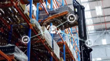 Animation of network of connection over warehouse. Global shipping, business, finances, data processing and digital interface concept digitally generated video.